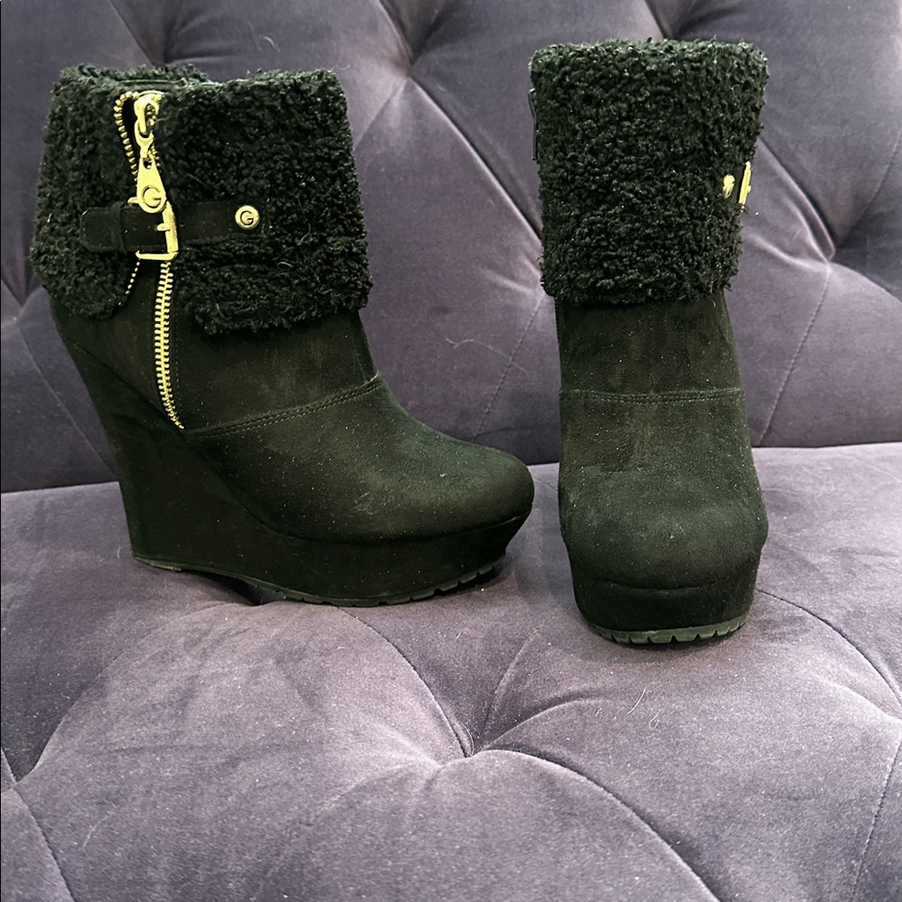 Guess Black Wedge Ankle Boots with Gold Zipper